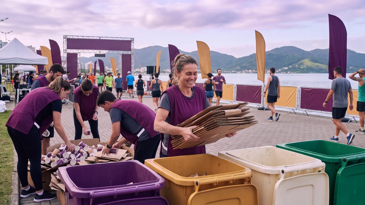 Estação de coleta seletiva na arena, com voluntários separando copos e papelão, a baía ao fundo
