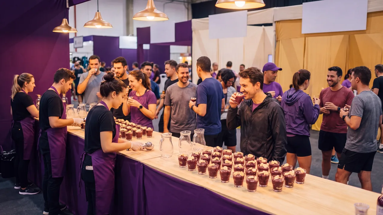 Estande de degustação na expo, com gente provando bebidas em copos na bancada