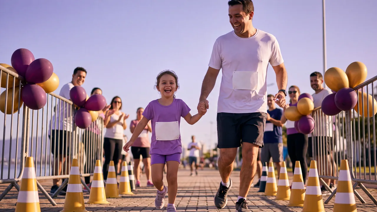 Pai e filha pequena correndo de mãos dadas numa corrida infantil, entre cones e balões