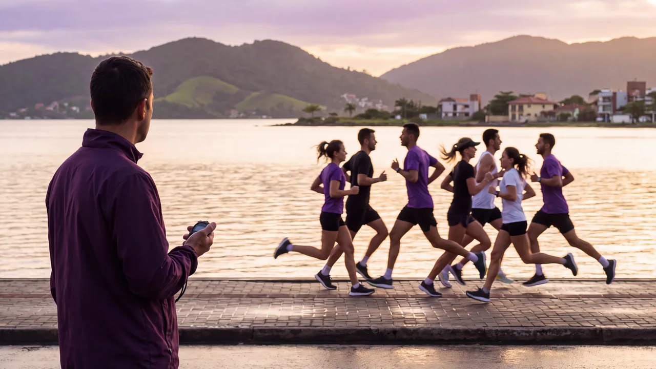 Grupo de corrida treinando ao amanhecer na Beira-Mar, com o treinador de cronômetro na mão