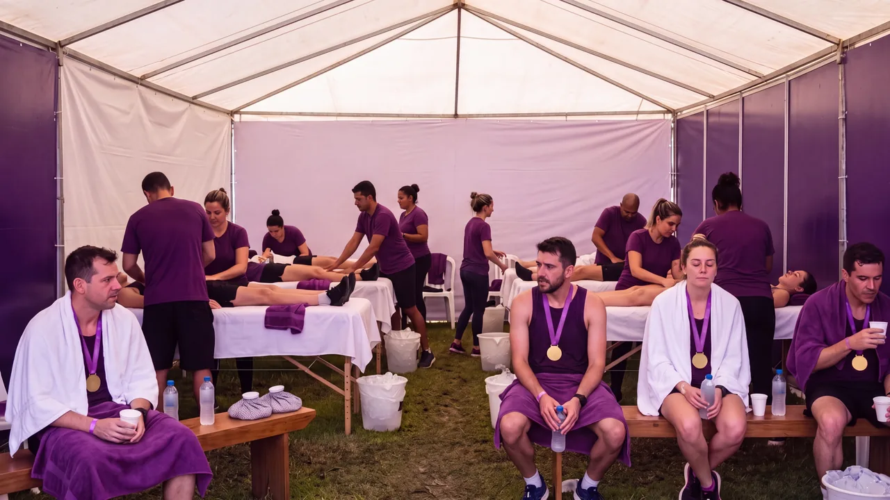 Área de recuperação depois da prova, com massagistas atendendo atletas de medalha no peito